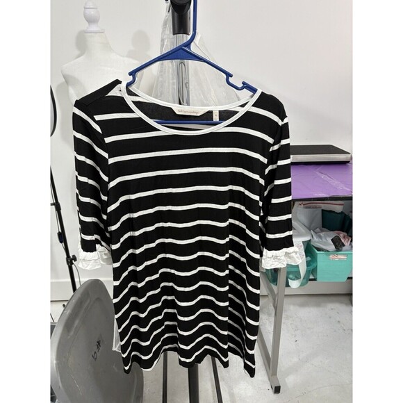 SOFT SURROUNDINGS Black/white stripes short ruffle sleeves tunic top Medium - Picture 1 of 6